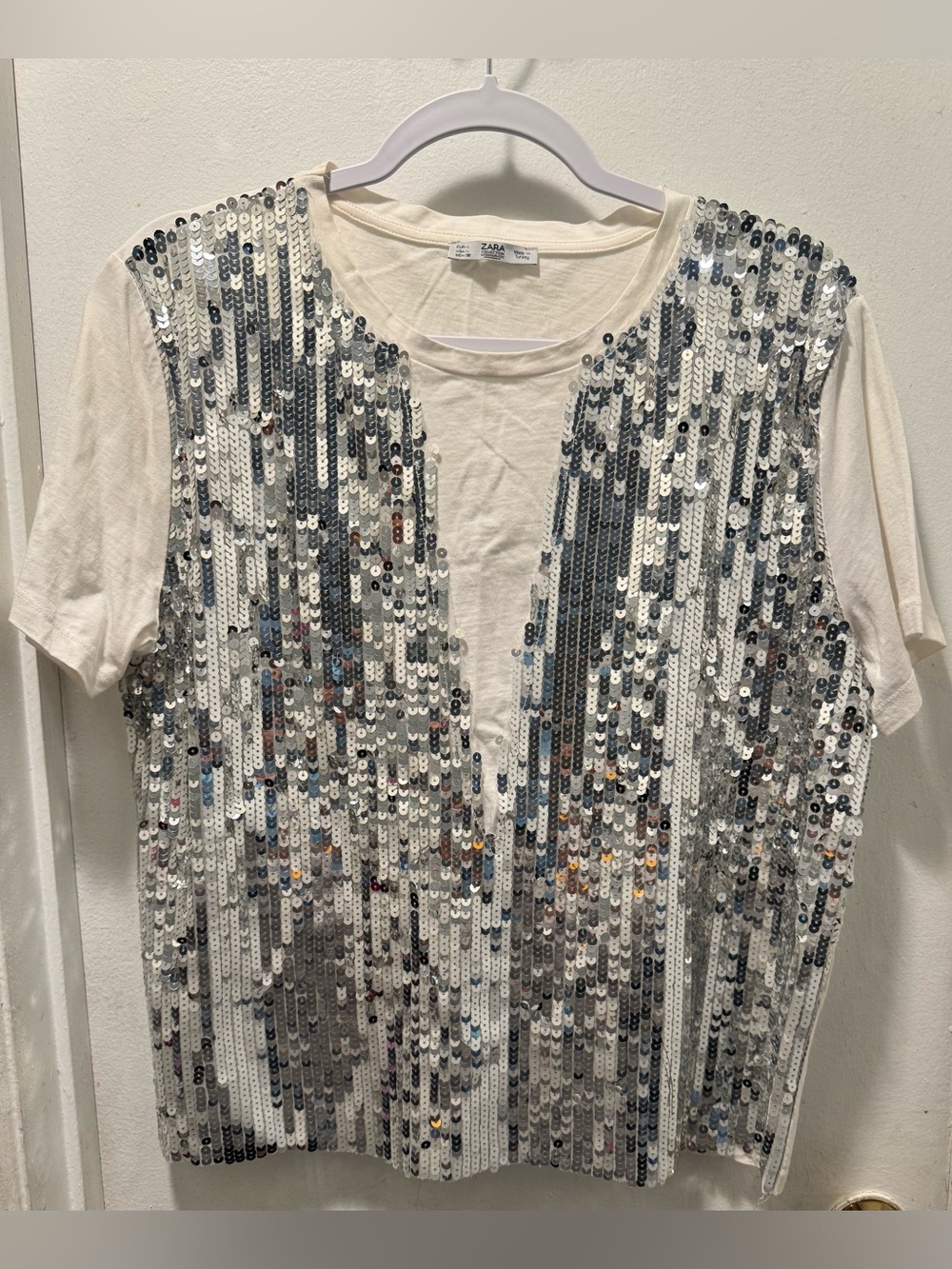 Zara White Short Sleeve Tee with Sequin Front